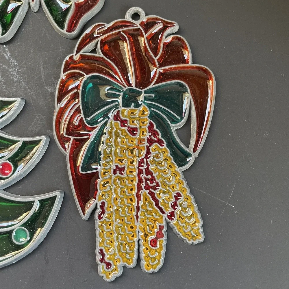 Vtg Lot‎ of 5 Faux Stained Glass Sun Catcher Christmas Window Ornaments Tree